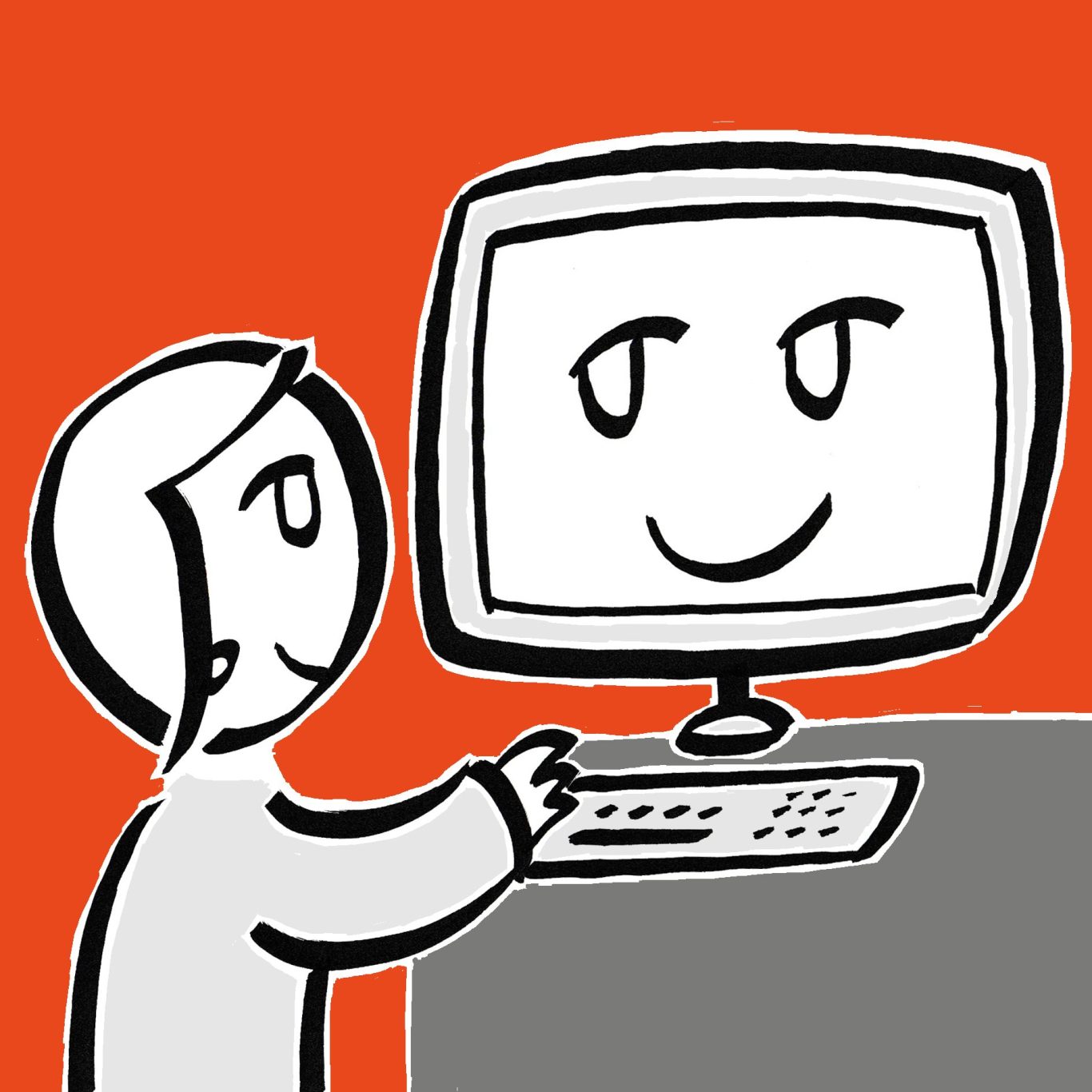 Piktogramm: Eine Figur steht an einem PC, der Bildschirm lächelt die Figur an.